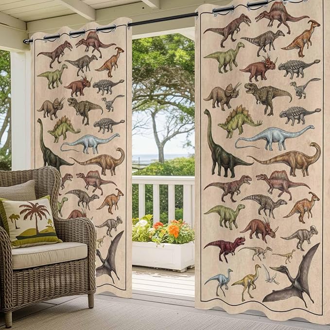 Vintage Outdoor Curtains for Patio Dinosaurs Biographies Retro Waterproof Outside Curtains with Grommet Top Weatherproof Curtain for Cabana Pergola Gazebo, 2 Pack, 54" W x 108" L