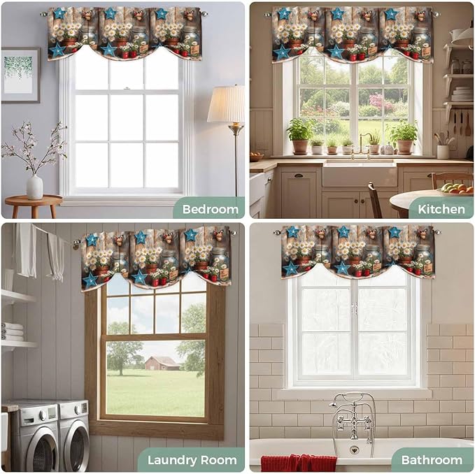 Country Flower Tie Up Valance for Window, Western Texas Star Butterfly Barn Door Adjustable Balloon Window Shade Valance Curtain for Kitchen Cafe Bathroom Window Treatment Panel 42''x12''
