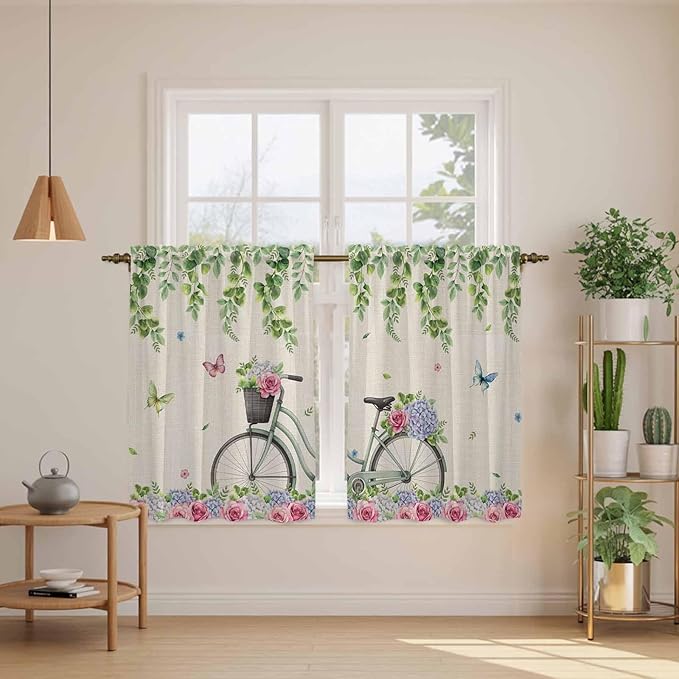 Farmhouse Spring Tier Curtains, Retro Bicycles Flowers Vines Butterfly Light Filtering Kitchen Curtains, 2Pcs Rod Pocket Half Window Treatments Panels for Sink Cafe Cabinet Basement 27.5x45 Inches