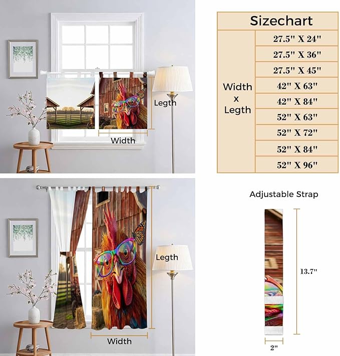 Farm Rooster Bathroom Curtains 63 Inch Length, Window Curtains Tab Top, Farmhouse Barn Funny Animals Butterfly Light Filtering Window Treatments Drapes 52"x63" 2 Panel
