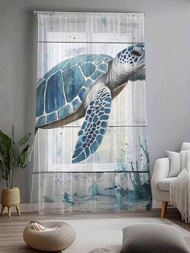 Sheer Curtains 84 Inches Long, Teal Green Sea Turtle Semi Sheer Curtains Light Filtering Window Treatment, Summer Ocean Vintage Wood Grain Privacy Voile Drapes for Living Room Bedroom 52x84 Inch