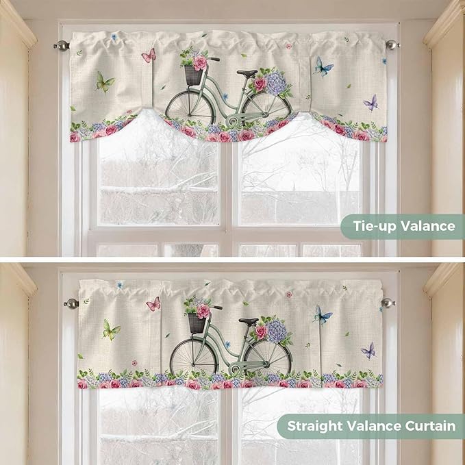 Farmhouse Spring Tie Up Valance Curtains for Windows, Kitchen Curtains Window Shades, Retro Bicycles Flowers Vines Butterfly Light Filtering Roman Curtain Valances for Bedroom/Bathroom/Cafe 42"x12"