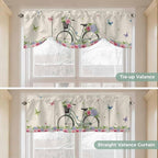 Farmhouse Spring Tie Up Valance Curtains for Windows, Kitchen Curtains Window Shades, Retro Bicycles Flowers Vines Butterfly Light Filtering Roman Curtain Valances for Bedroom/Bathroom/Cafe 42"x12"