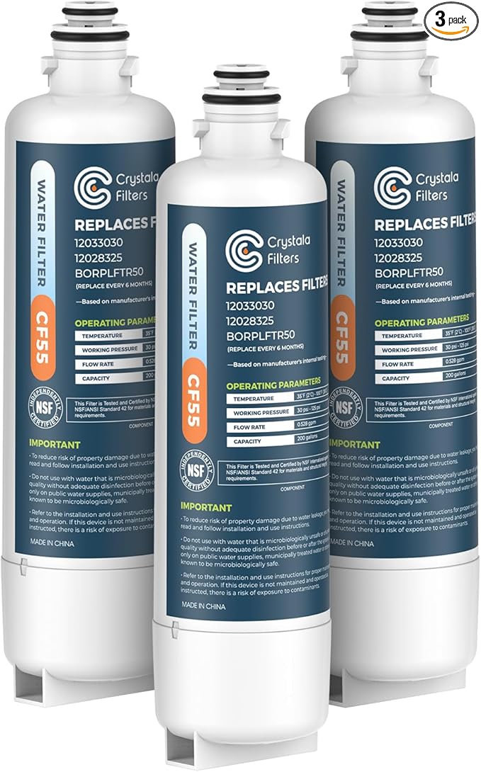 Crystala Filters BORPLFTR50 Replacement for Bosch Ultra Clarity Pro Water Filter, Compatible 12033030,11025825,12028325,BORPLFTR55,WFC100MF,WFS200MF(3 Pack)