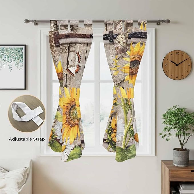 Farmhouse Sunflowers Living Room Curtains 84 Inch Length, Window Curtains Tab Top, Rustic Barn Doors Flowers Butterfly Wooden Light Filtering Window Treatments Drapes 42"x84" 2 Panel