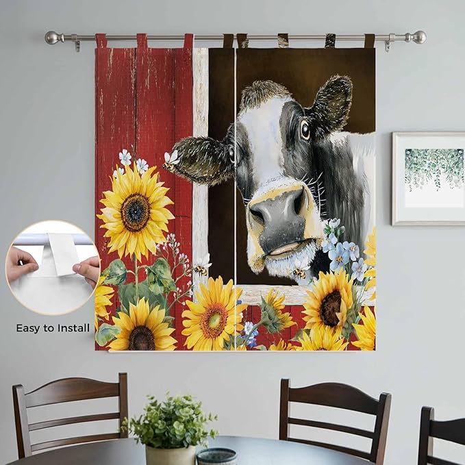 Cows Sunflowers Bedroom Curtains 72 Inch Length, Window Curtains Tab Top, Rustic Farms Barns Flowers Bees Animals Light Filtering Window Treatments Drapes 52"x72" 2 Panel