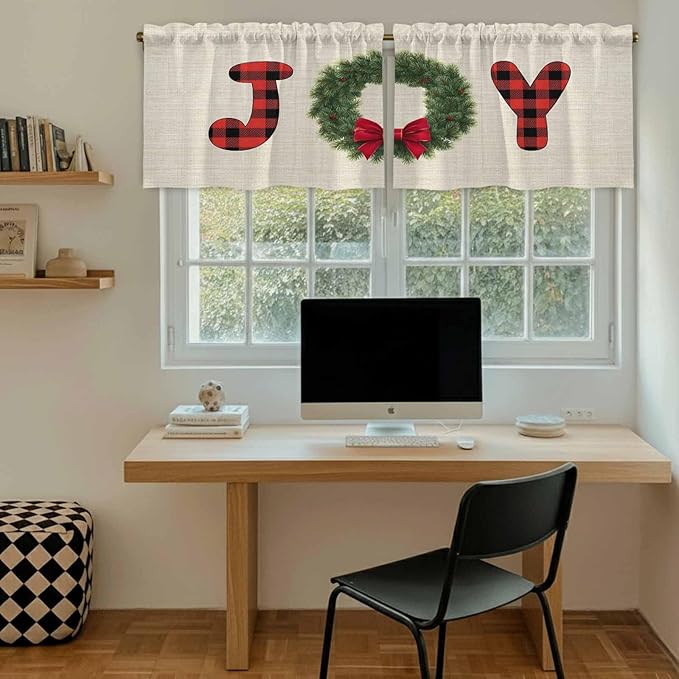 Red Green Christmas Kitchen Tier Curtains 24 Inch Long 2 Panel Set,Rod Pocket Cafe Small Window Curtains Over Sink,Farmhouse Xmas Botanical Winter Short Drapes for Bathroom Cabinet 27.5"W x 24"L