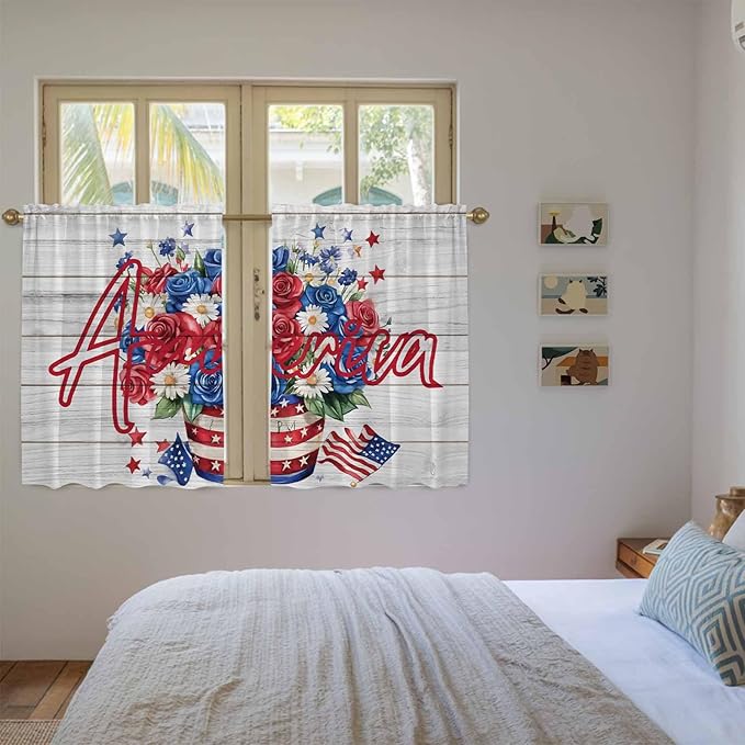Independence Day Kitchen Curtains 45 Inch Long 2 Panel Set, Rod Pocket Window Treatment, 4 of July Rose Wooden Grain Vintage Light Filtering Short Curtains & Drapes for Bathroom Laundry 52"W x 45"L