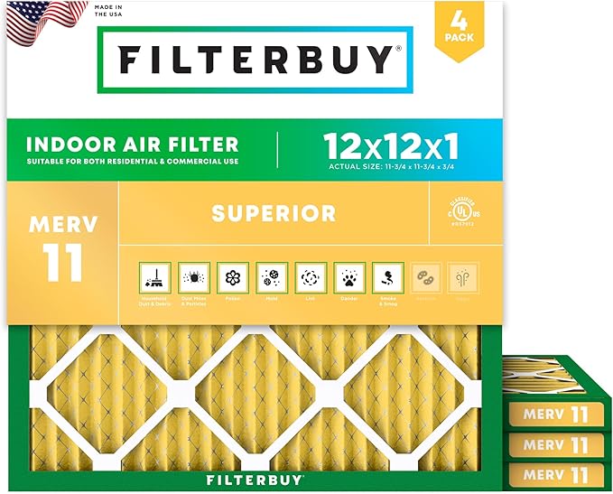 Filterbuy 12x12x1 Air Filter MERV 11 Superior Pet & Allergy Defense (4-Pack), Electrostatic Pleated HVAC AC Furnace Filters Replacement, Made in USA (Actual Size: 11.75 x 11.75 x 0.75)