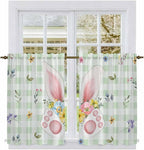 Easter Kitchen Curtains 45 Inch Long 2 Panel Set, Rod Pocket Window Treatment, Spring Bunny Ears Feet Flowers Green Plaid Light Filtering Short Curtains & Drapes for Bathroom Laundry 52"W x 45"L