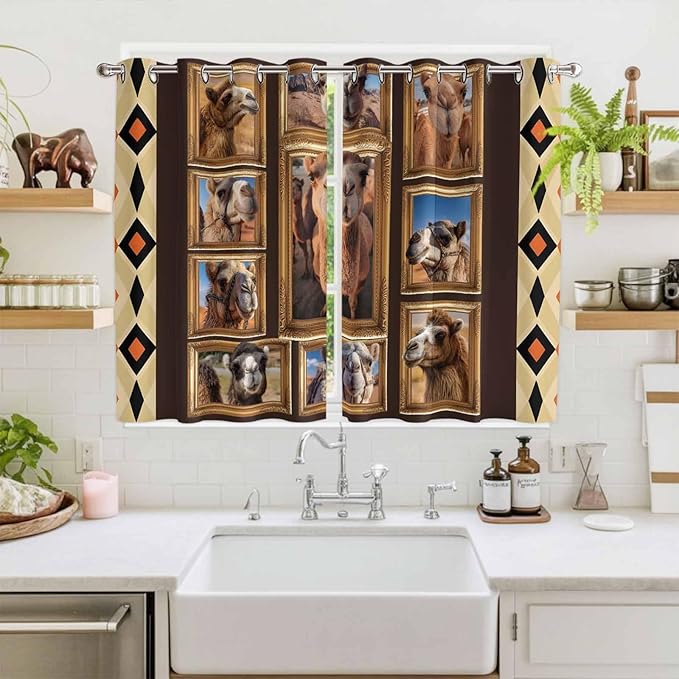 2 Panel Kitchen Cafe Curtains, Wildlife Camels Sunlight Filtering Nature Air Through, Home Decor Window Covering Tier Curtains for Living Room 104W x 63L inch Deserts Animals Brown Geometric Rustic