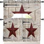 Village Stars Swag Kitchen Curtains Valance and Tier Set, Vintage Dark Red Star Beige Barn Doors Light-Filtering Swag Valance 24 Inch Length, Rod Pocket Short Curtain for Bedroom Cafe