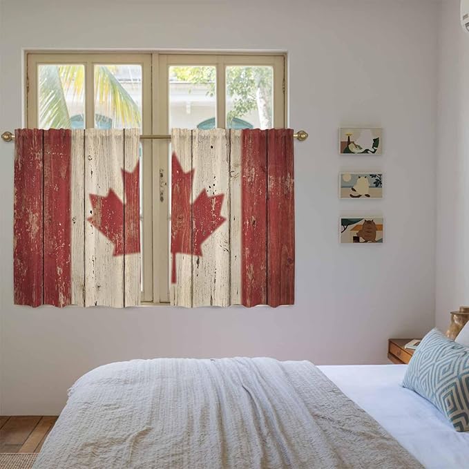 Canada Tier Curtains, Red Maple Leaf Flag Vintage Farmhouse Wooden Grain Light Filtering Kitchen Curtains, 2Pcs Rod Pocket Half Window Treatments Panels for Sink Cafe Cabinet Basement 27.5x45 Inches