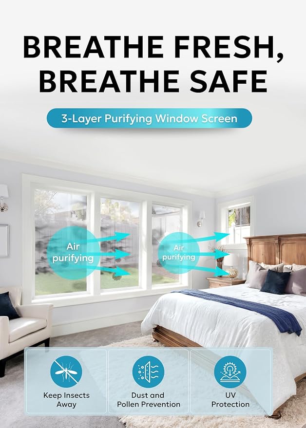 Clean Air Window Screen - Filters Pollen, Allergens, Dust, and Ash - Cleaner, Healthier Air - Easy to Cut - Ideal for Patio, Porch, and Window Screen Replacement - (22" x 15')