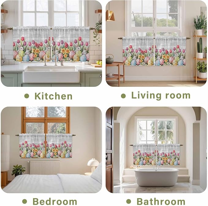 Easter Kitchen Tier Curtains 36 Inch Long 2 Panel Set,Rod Pocket Half Window Curtains Over Sink,Retro Spring Bunny Eggs Tulip Farm Wooden Grain Light Filtering Short Drapes Cafe 27.5"W x 36"L