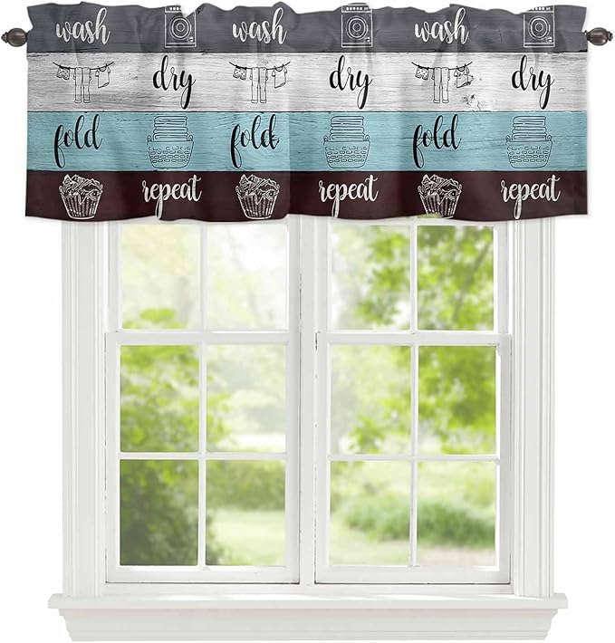 Laundry Rules Valances for Windows, Retro Blue White Wood Board Grain Kitchen Valance Light Filtering Rod Pocket Short Curtains for Kitchen Bathroom, 1 Panel, 42"x18"