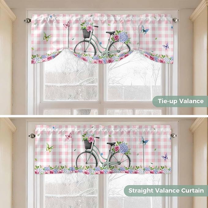 Spring Tie Up Valance Curtains for Windows, Kitchen Curtains Window Shades, Bicycles Leaves Butterfly Flowers Pink Buffalo Plaid Light Filtering Curtain Valances for Bedroom/Bathroom/Cafe 60"x18"