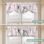 Spring Tie Up Valance Curtains for Windows, Kitchen Curtains Window Shades, Bicycles Leaves Butterfly Flowers Pink Buffalo Plaid Light Filtering Curtain Valances for Bedroom/Bathroom/Cafe 42"x12"