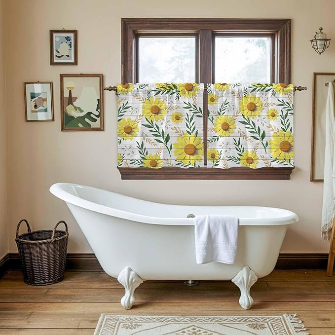 Yellow Daisy Tier Curtains, Farmhouse Country Flower Leaf Plant Wood Grain Light Filtering Kitchen Curtains, 2Pcs Rod Pocket Half Window Treatments Panels for Sink Cafe Cabinet Camper 27.5x24 Inches