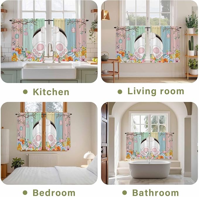 Easter Kitchen Curtains 45 Inch Long 2 Panel Set, Rod Pocket Window Treatment, Spring Colorful Bunny Eggs Flower Wood Grain Light Filtering Panels Short Drapes for Bathroom Camper 42"W x 45"L