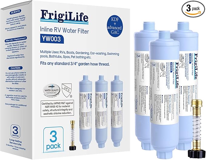 RV Water Filter, NSF/ANSI 42, for RVs Marines, Boats, Campers, for Drinking, Washing, Gardening, Camping, Planting, Spa, Reduces Chlorine, Bad Taste Odor with Hose Protector, 3PACK