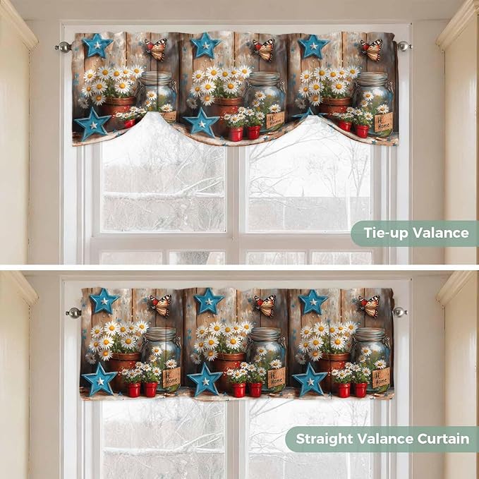 Country Flower Tie Up Valance for Window, Western Texas Star Butterfly Barn Door Adjustable Balloon Window Shade Valance Curtain for Kitchen Cafe Bathroom Window Treatment Panel 54''x18''