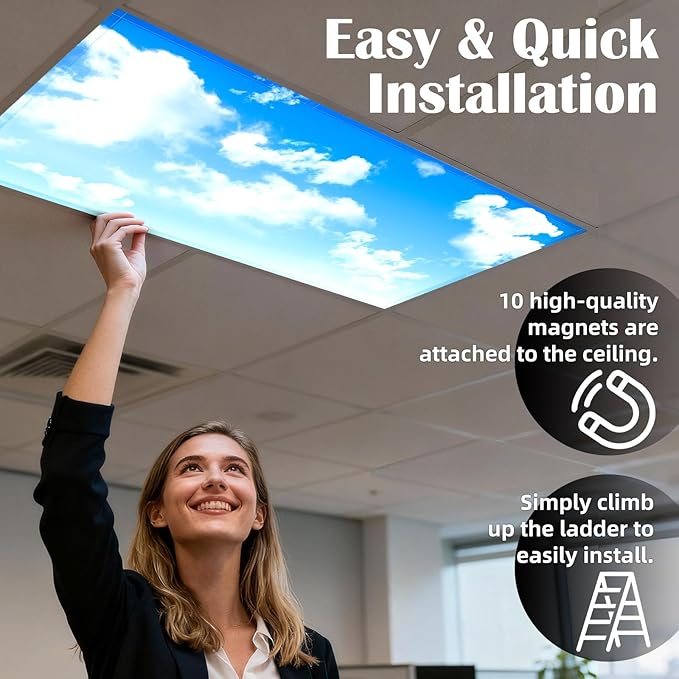 4 Pcs Fluorescent Light Covers - Classroom, Office 4 x 2 Feet Flame Retardant Magnetic Covers for Ceiling Lights Filters (Blue Skies & White Clouds)