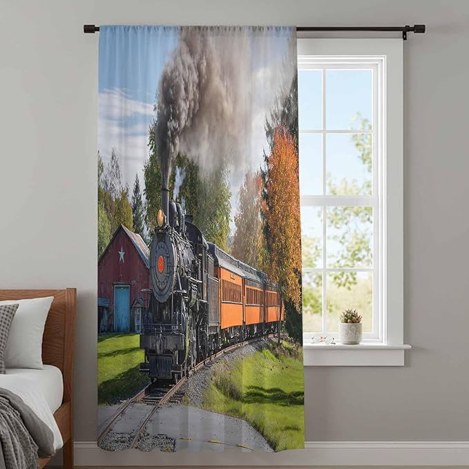 Steam Train Sheer Curtains 45 Inch Length Railroad Country Barn Rustic Trees Farmhouse Chiffon Curtain for Bedroom Living Room Light Filtering Window Treatments Voile Curtains Drapes for Kitchen