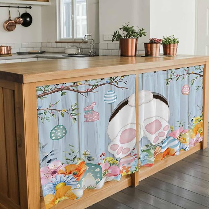 Easter Kitchen Tier Curtains 36 Inch Long 2 Panel Set,Rod Pocket Half Window Curtains Over Sink,Spring Watercolor Bunny Eggs Flower Wood Grain Blue Light Filtering Short Drapes Cafe 27.5"W x 36"L