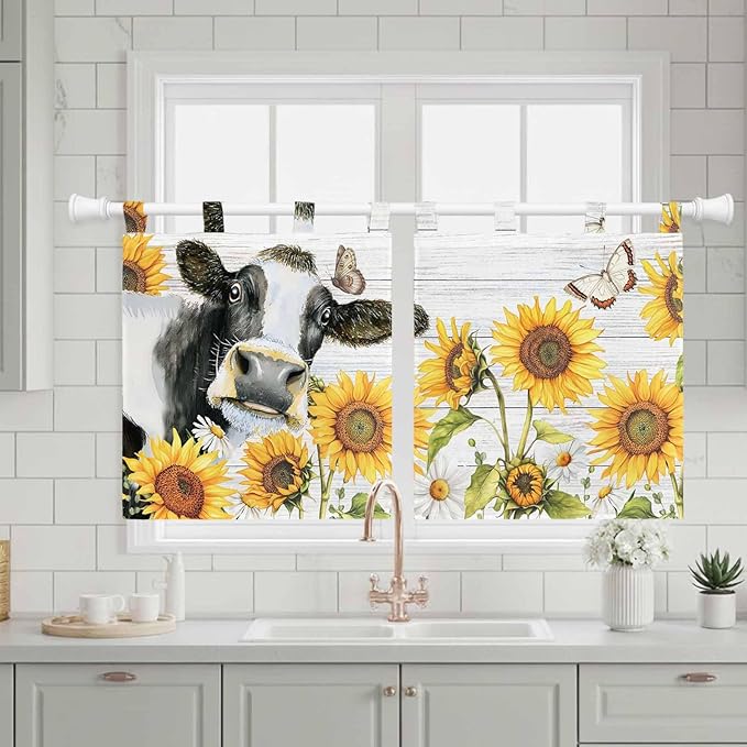 Retro Farmhouse Floral Kitchen Curtains 24 Inch Length, Small Window Curtains Tab Top, Yellow Sunflowers Cows Butterfly Wood Light Filtering Short Window Treatments Tier Drapes 27.5"x24" 2 Panel