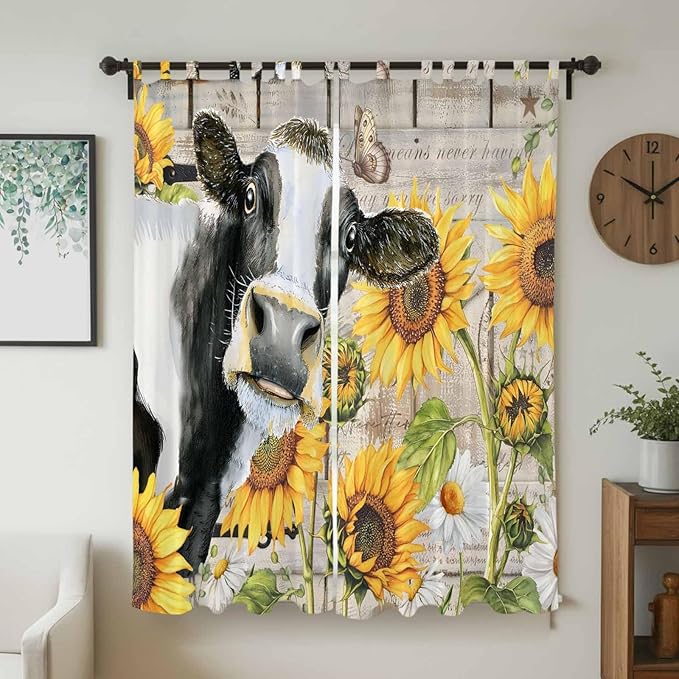 Yellow Sunflowers Living Room Curtains 84 Inch Length, Window Curtains Tab Top, Farmhouse Cow Barn Doors Floral Butterfly Light Filtering Window Treatments Drapes 52"x84" 2 Panel