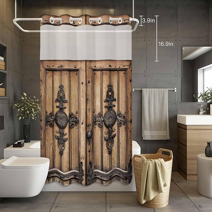 Wood Barn Door No Hook Shower Curtain with Snap in Liner Set, Waterproof Shower Curtains for Bathroom, Wooden Plank Fabric Shower Curtain, See Through Mesh Top Window, 36" W x 78" L