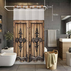 Wood Barn Door No Hook Shower Curtain with Snap in Liner Set, Waterproof Shower Curtains for Bathroom, Wooden Plank Fabric Shower Curtain, See Through Mesh Top Window, 54" W x 78" L