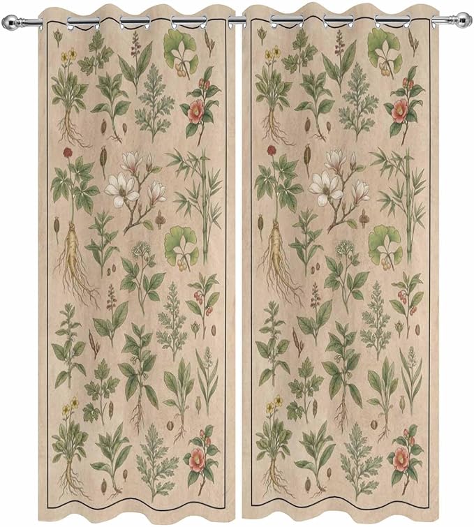 Vintage Outdoor Curtains for Patio Grass Herbal Botanical Garden Plants Waterproof Outside Curtains with Grommet Top Weatherproof Curtain for Cabana Pergola Gazebo, 2 Pack, 54" W x 95" L