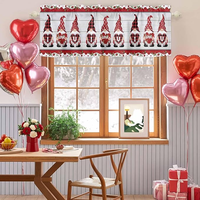 I Love U Valance Curtains for Kitchen, Valentine's Day Dwarf Romantic Wood Grain Privacy Rod Pocket Valance Curtain, Light-Filtering Window Treatment for Bedroom Bathroom, 42"x12"