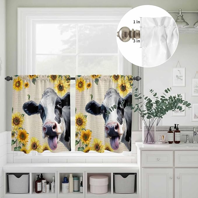 Kitchen Curtains Tiers and Valance Set of 3, Cow Sunflowers Light Filtering Window Curtain Set, Country Vintage Animals Floral Leaves Rod Pocket Curtain Drapes for Cafe, Living Room, 24 Inches Tiers