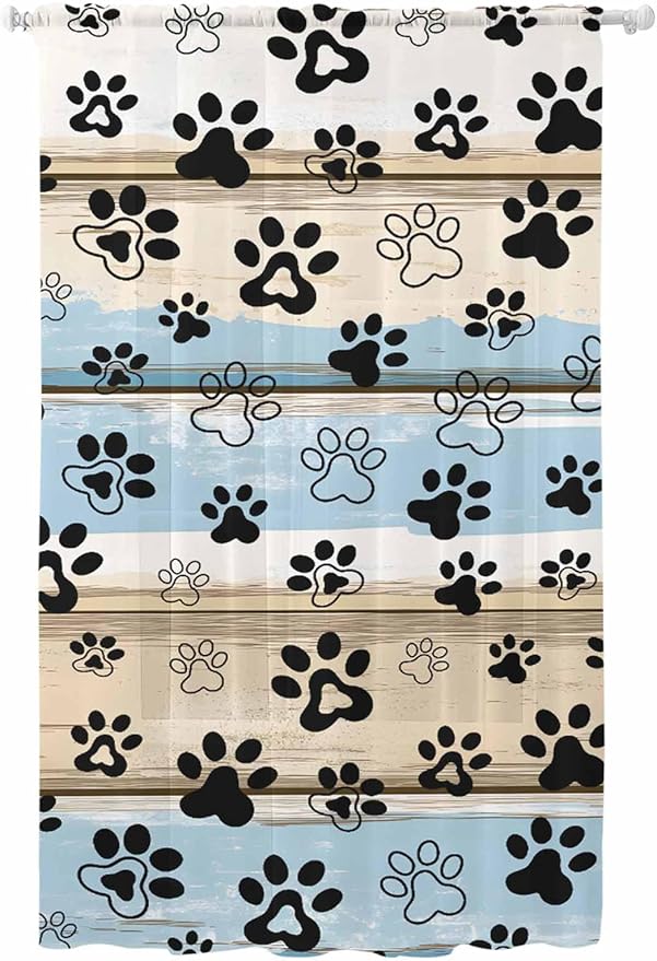 Sheer Curtains 84 Inches Long, Blue Dog Paw Print Semi Sheer Curtains Light Filtering Window Treatment, Vintage Farmhouse Rustic Wooden Grain Privacy Voile Drapes for Living Room Bedroom 52x84 Inch