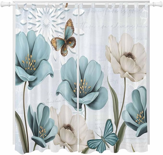 Blue Tulips Living Room Curtains 84 Inch Length, Window Curtains Tab Top, Watercolor Flowers Butterfly Spring Farmhouse Blue Light Filtering Window Treatments Drapes 52"x84" 2 Panel