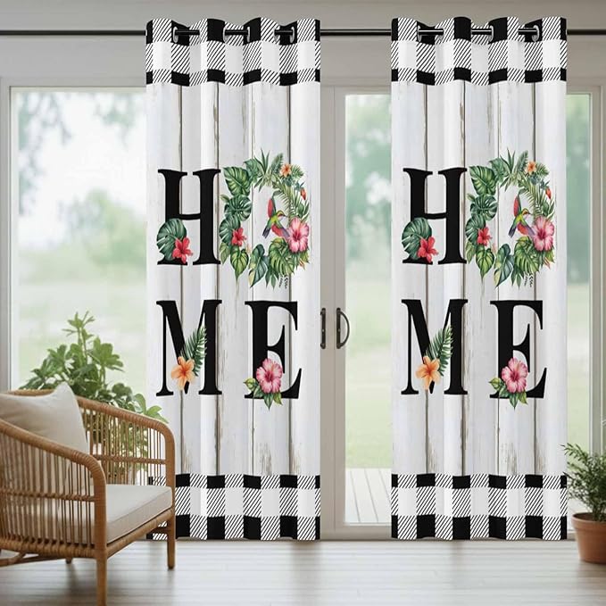 Summer Outdoor Curtains for Patio Leaves Garland Plumeria Wood Buffalo Plaid Waterproof Outside Curtains with Grommet Top Weatherproof Curtain for Cabana Pergola Gazebo, 1 Panel, 54" W x 108" L