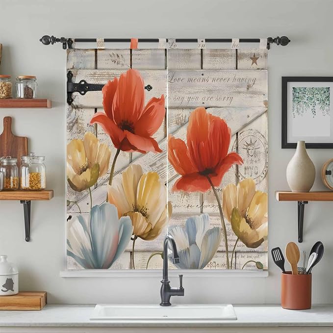 Retro Floral Bathroom Curtains 63 Inch Length, Window Curtains Tab Top, Red Yellow Tulips Barm Doors Farmhouse Wooden Light Filtering Window Treatments Drapes 52"x63" 2 Panel