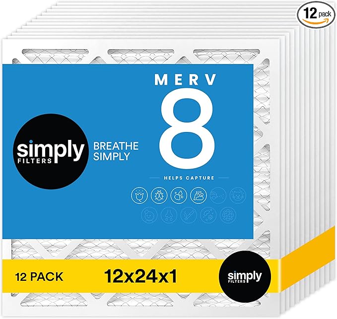 Simply 12x24x1 Air Filter, Merv 8, MPR 600, 12 Pack, Furnace Air Filter for HVAC (Actual Size: 11.75"x23.75"x0.75") DUST, Pet, & Allergy Control