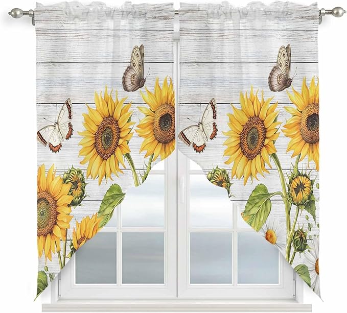 Yellow Sunflowers Swag Valances for Windows, Vintage Country Flowers Butterfly Wood Board Rod Pocket Kitchen Curtains Valance, Small Window Curtains Swag for Cafe Living Room, 2 Panels, 36x36 inch