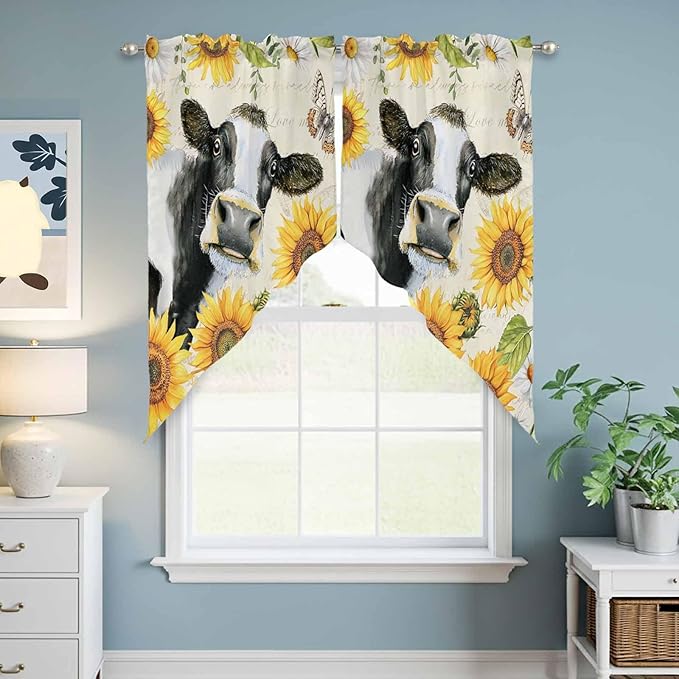 Yellow Sunflowers Swag Valances for Windows, Country Cow Flower Butterfly Farmhouse Cream Rod Pocket Kitchen Curtains Valance, Kitchen Window Curtains Swag for Cafe Living Room, 2 Panels, 36x63 inch