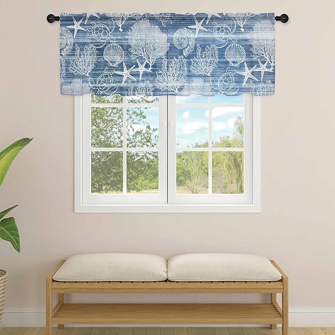 Navy Blue Retro Summer Sheer Valance Curtains, Sea Turtle Starfish Coral Ocean Light Filtering Kitchen Valances Rod Pocket Voile Curtain Window Treatment for Bedroom/Living Room/Basement 60Wx18L