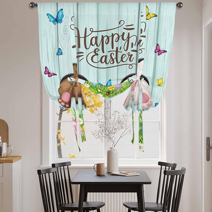 Tie Up Curtains,Happy Easter Bunny Butt Egg Floral Adjustable Rod Pocket Window Shade Curtain Drape Spring Plant on Aqua Wood Tie-Up Valance for Kitchen Bedroom Living Room Windows,46"x63"