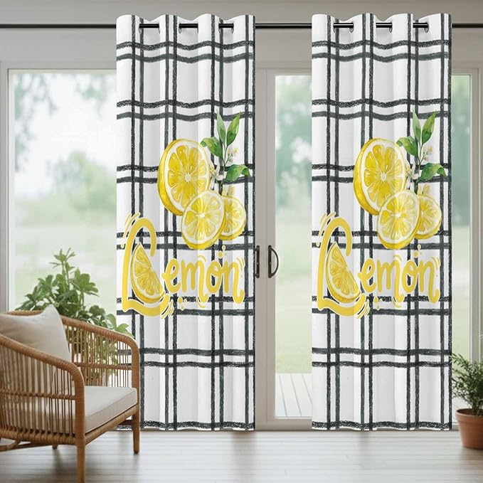 Lemon Outdoor Curtains for Patio Lemon Leaves Summer Plaid Buffalo Waterproof Outside Curtains with Grommet Top Weatherproof Curtain for Cabana Pergola Gazebo, 1 Panel, 54" W x 95" L