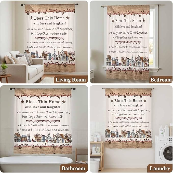 Farmhouse Sheer Curtains 63 Inch Length Country Star Barn Berry Brown Wood Plank Chiffon Curtain for Bedroom Living Room Light Filtering Rod Pocket Window Treatments Voile Curtains Drapes for Dining
