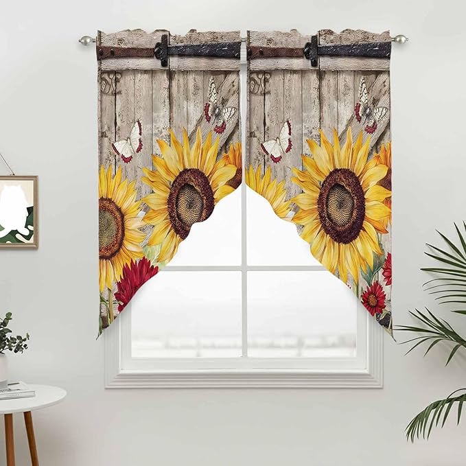 Sunflowers Swag Valances for Windows, Retro Flower Barn Doors Butterfly Farmhouse Brown Rod Pocket Kitchen Curtains Valance, Kitchen Window Curtains Swag for Cafe Living Room, 2 Panels, 36x63 inch