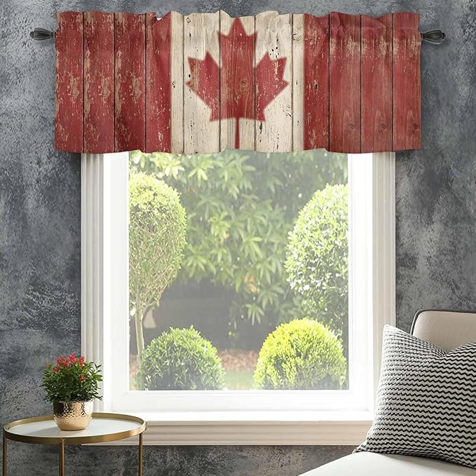 Canada Curtain Valances for Windows, Kitchen Valance Window Treatment, Red Maple Leaf Flag Vintage Farmhouse Wooden Grain Light Filtering Block Curtains for Bathroom/Bedroom/Living Room 42'' x 12''