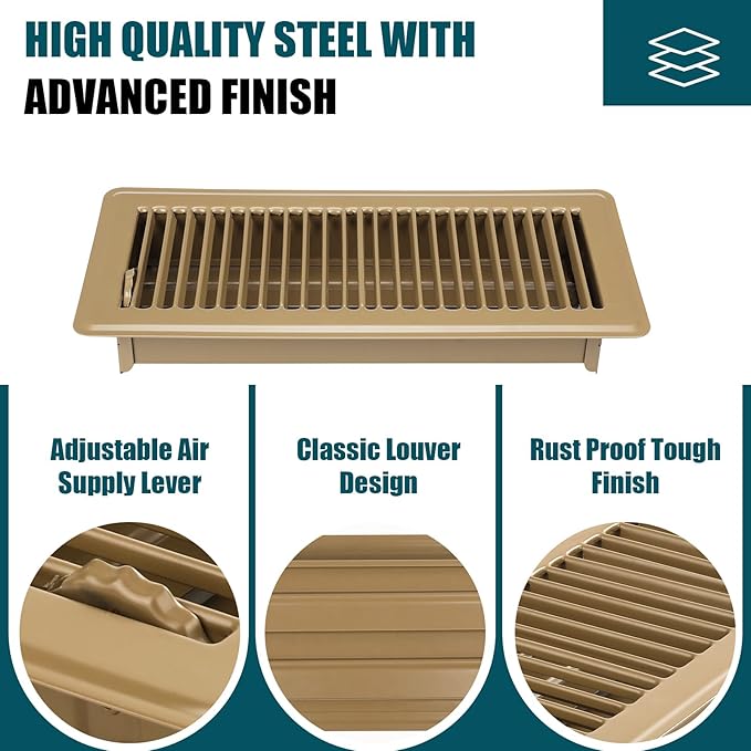 VOISEN Floor Register 4x12, 2 Pack Floor Vent Covers, Steel Adjustable Air Supply Grille Register Vent Cover Grill for Sidewall and Floor, Vent Covers for Home Floor,Brown